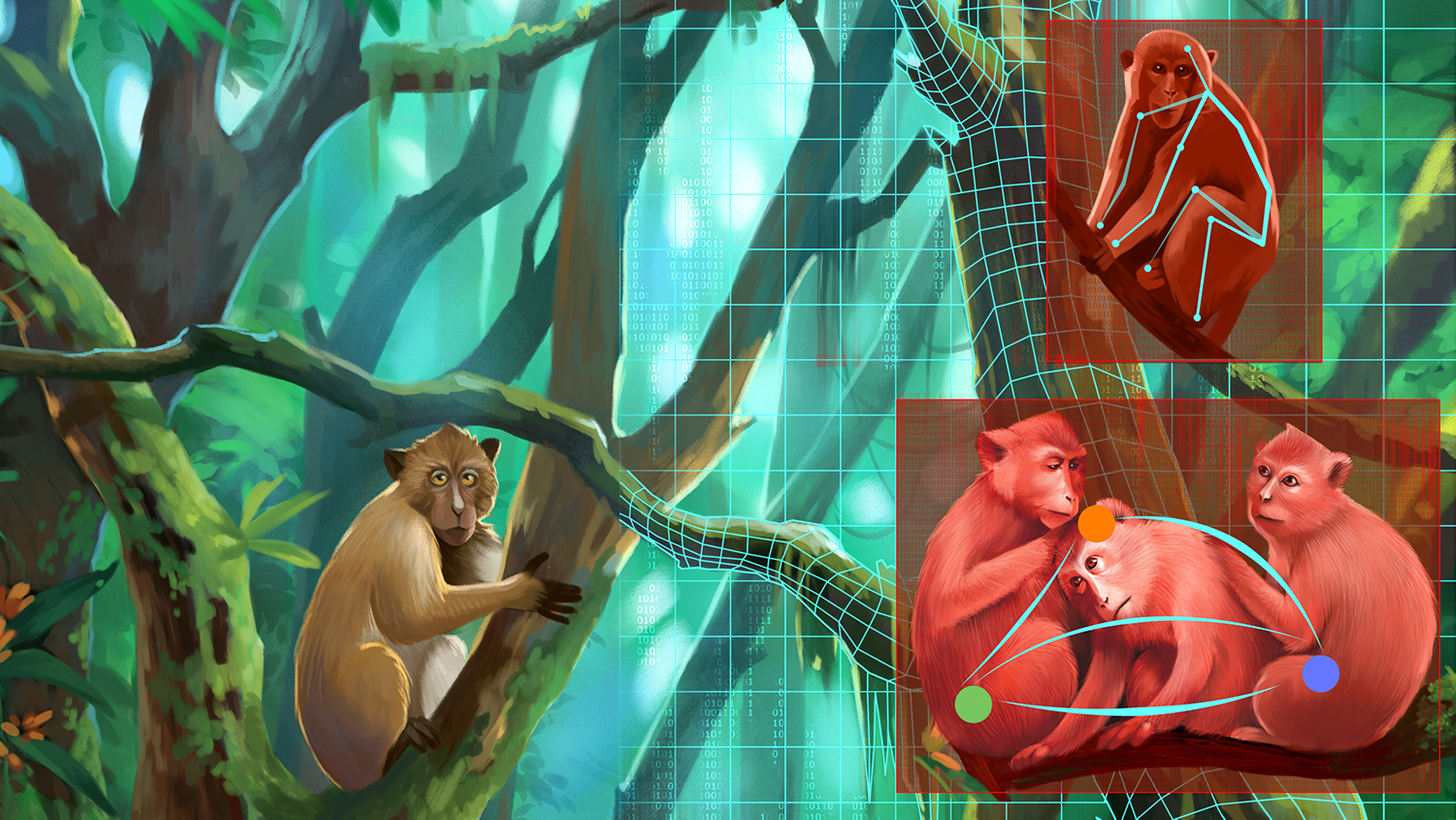 Ilustrație a maimuțelor dintr-un copac analizată de un AI.